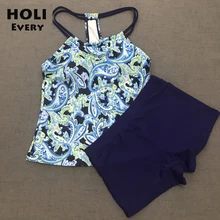 Одежда для плавания танкини женский купальник плюс размер женский ретро купальник с шортами пляжная одежда купальный костюм может большой из двух частей XXL синий