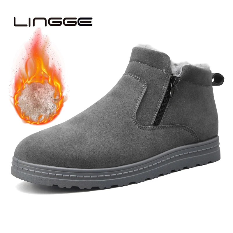 

LINGGE Men Casual Slip On Snow Boots Male Winter Super Warm Plush Ankle Boots Side Zipper Flock Booties For Men Shoes