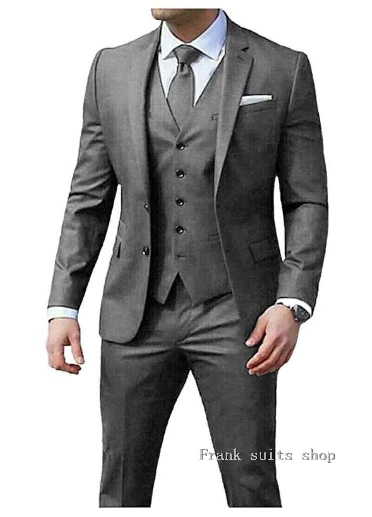 (jacket+pants+vest) 2019 Custom made Mens Gray Suits Jacket Pants Formal Dress Men Suit Set men