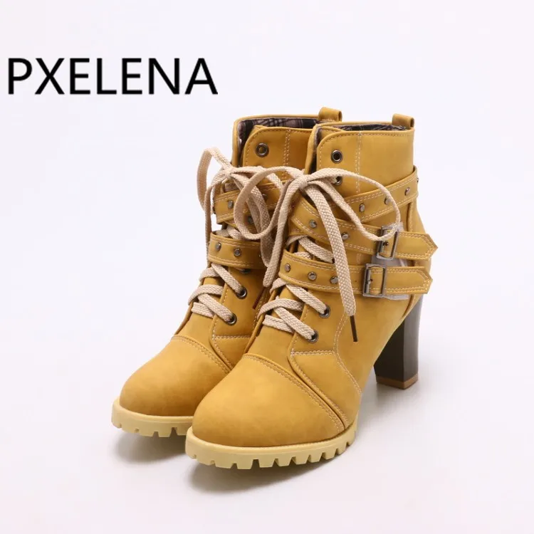 Женские ботинки с заклепками PXELENA мотоциклетные на высоком устойчивом каблуке