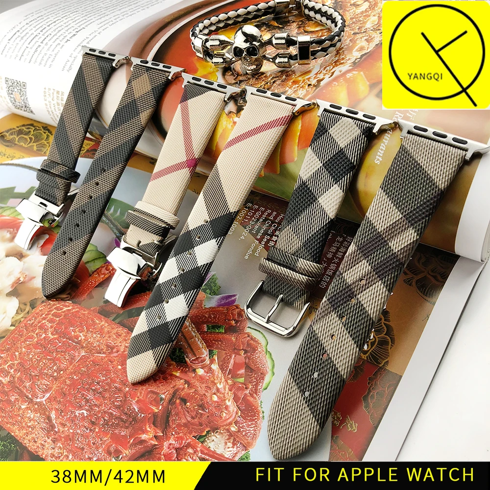 

YQ Watchband Caff Leather Watchband Watch Apple Watch 38mm 42mm Strap Band Butterfly Metal Clasp Buckle for Iwatch Grid Pattern