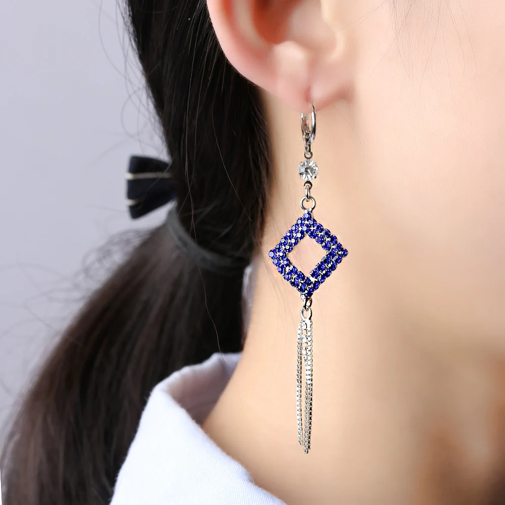 1 Pair 2017 Women Lady Crystal Rhinestones Earrings Long Tassel Ear Bride Geometric Shapes