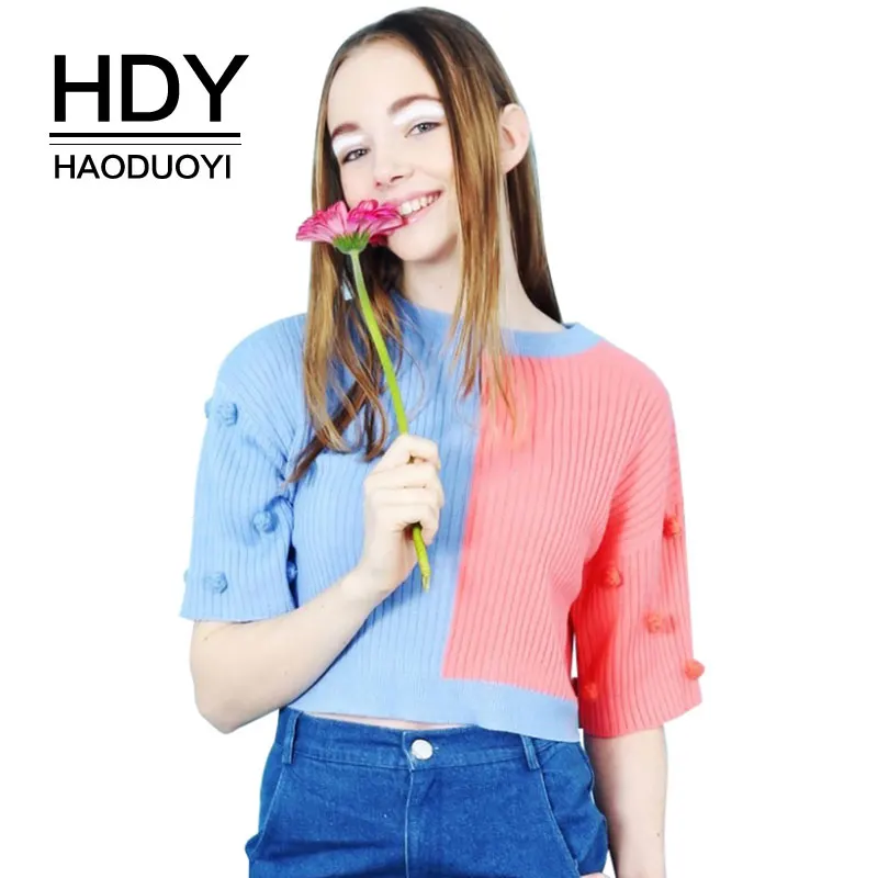 

HDY Haoduoyi O-neck Patchwork Sleeve Pullovers Sweater Casual Streetwear Blue And Pink Autumn Tops For Women 2018 New Arrival