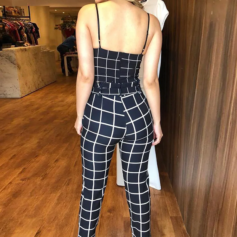 Women Two Piece Sets Summer Short Sleeveless Grid Plunge V-neck Wrapped Plaid Cami Top High Waist Bodycon Ankle-length Pants