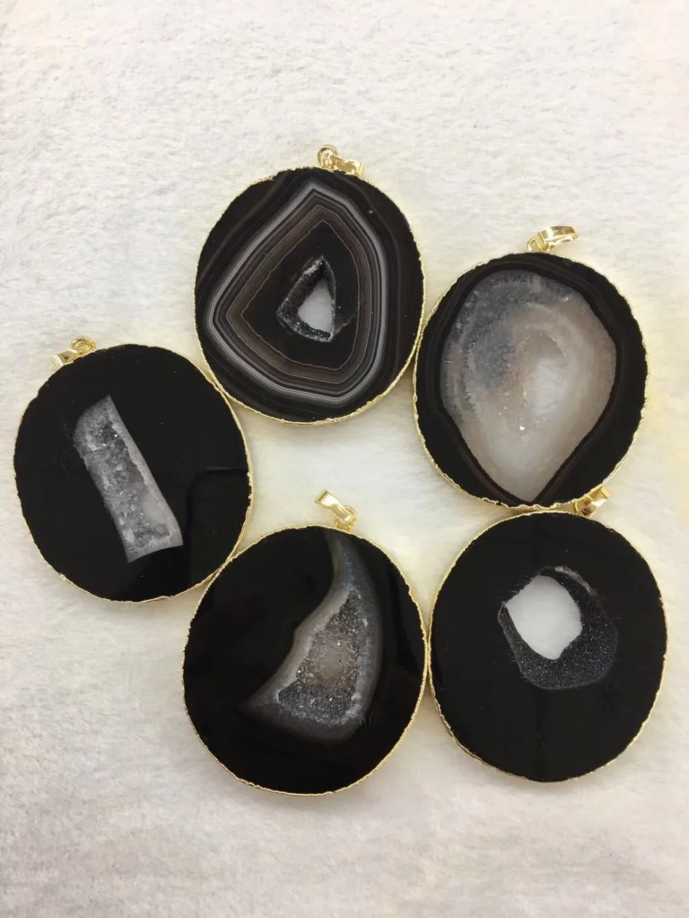 

5pcs 50mm Natural Black Druzy Agates Geode Gems Stone Necklace Pendant, Gold Plate Beads Connector DIY Jewelry Accessories