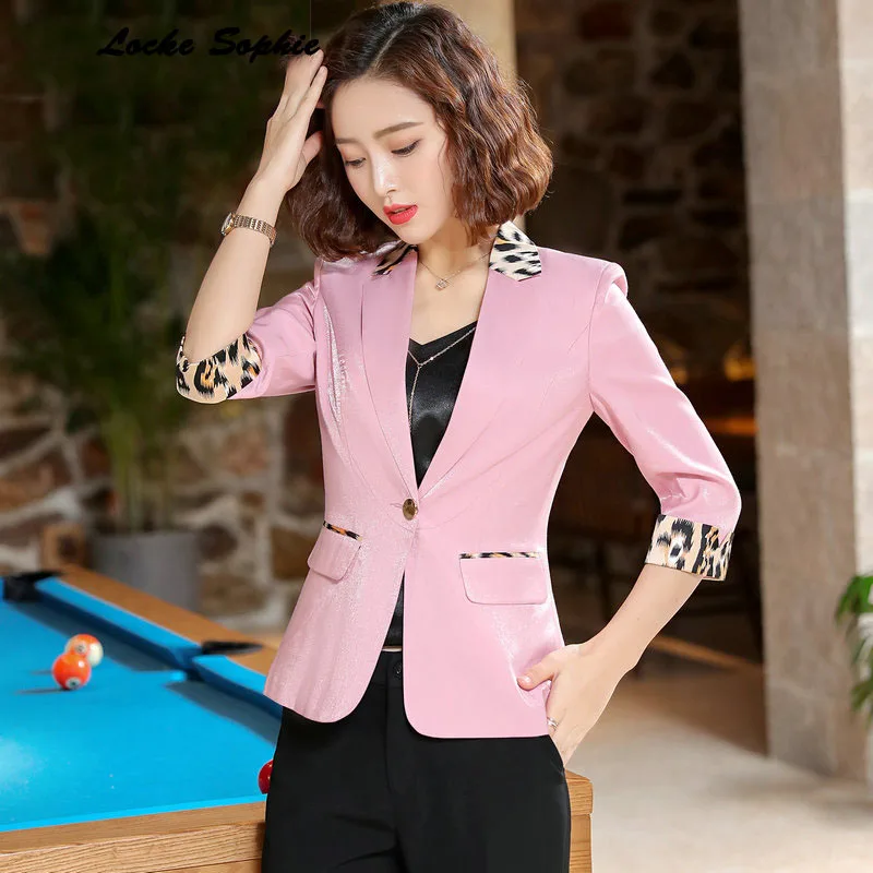 1pcs Women's Plus size Blazers coats 2019 Autumn cotton blend Leopard Splicing Small Suits jackets ladies Skinny Blazers Suits