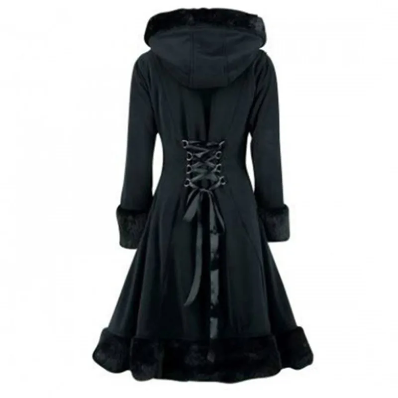 2019 Coat Black Flocking Women Winter Goth Trench