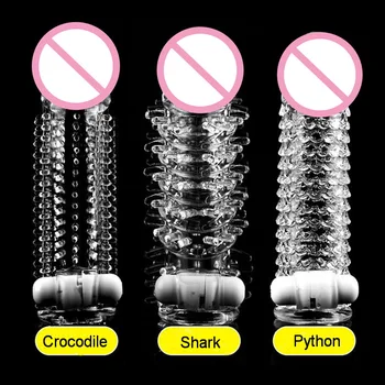Vibrator Penis Sleeve Reusable Condom Delay Long Sleeve Crystal Spike Dildos Vibrating Penis Sleeves Sex Toys for Men 5