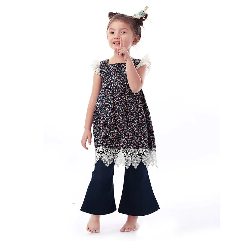 US $79.08 Kaiya Angel 2018 Fashion Boutique Outfits Red And White Flower Top Denim BellBottoms Toddler Girl Clothing Factory Wholesale
