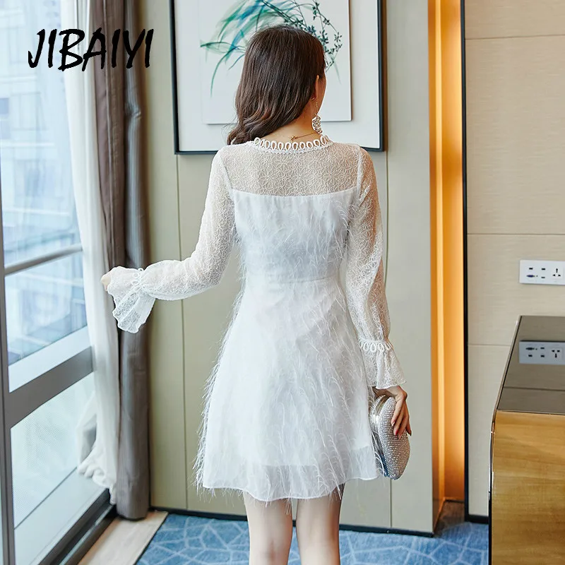 JIBAIYI Sexy V Neck Transparent Mesh Lady Party Dress Women Slim Spring Long Flare Sleeve Lace Dress Elegant Mini White Vestidos JIBAIYI Sexy V Neck Transparent Mesh Lady Party Dress Women Slim Spring Long Flare Sleeve Lace Dress Elegant Mini White Vestidos