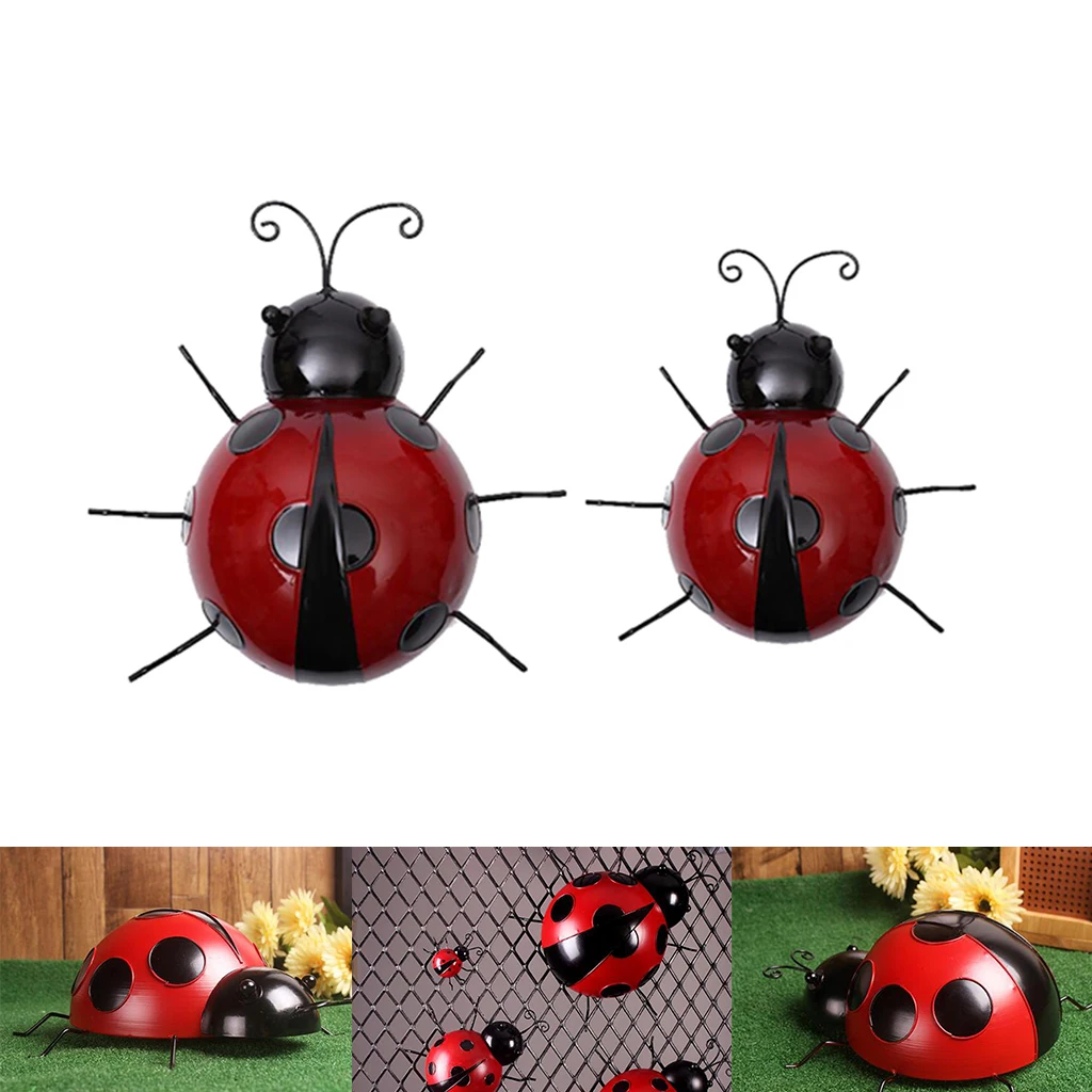 2pcs Metal Ladybug Fence Hanger Wall Hanging Outdoor Garden Decorative Figurine Wall Art, Red, 10cm 16cm