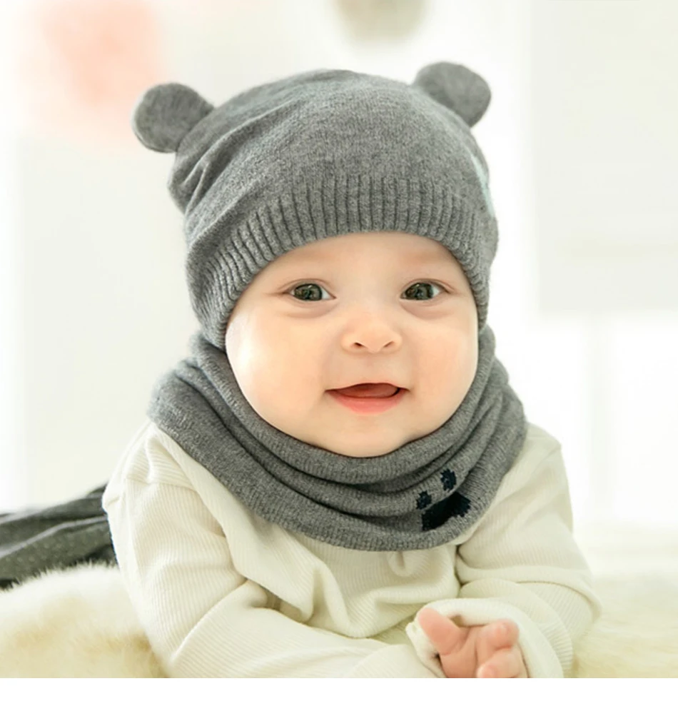Зимние Детские шапки с медведем, милая детская вязанная шапка для мальчика, шапка, теплая шапка для младенца+ вязаный шарф, комплект, шапка с ушками