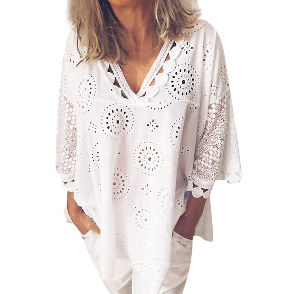 

FREE OSTRICH Women Shirts Half Sleeve Cotton Linen Hollow Out Lace Patchwork V-Neck Temperament Elegant Summer Blouse Shirts