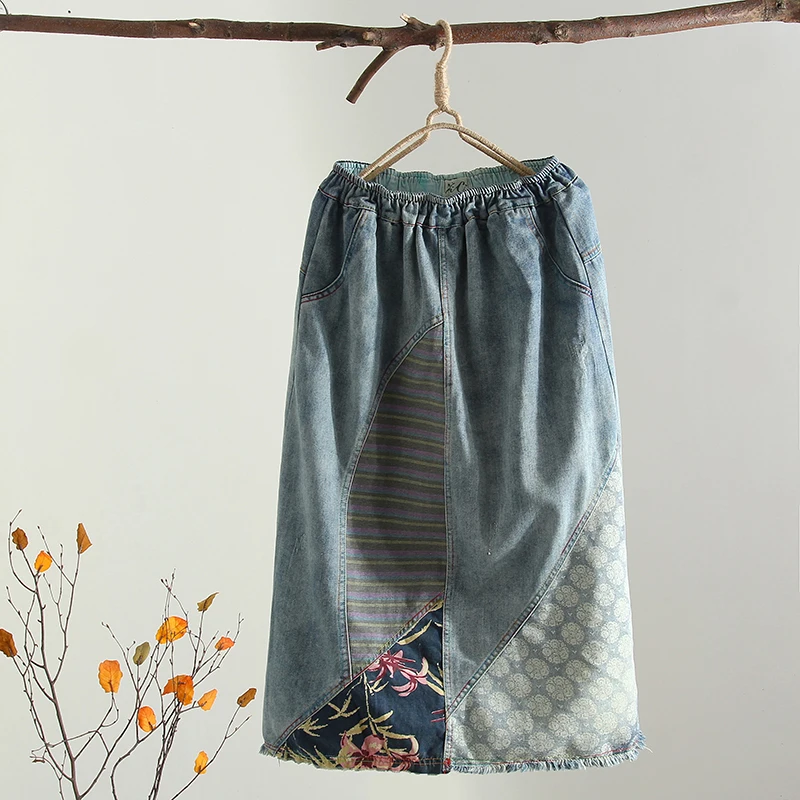 

Women Loose Patchwork Elastic Waist Denim Skirts Ladies Autumn Loose Denim Skirts Female Vintage Striped Print Patchwork Skirts