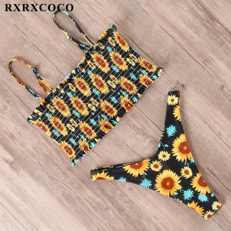 

RXRXCOCO Brand New Bikini Smocking Swimsuit Swimwear Women Printed Bikini Set 2019 Summer Swimming Suit Ruffle Bathing Suit