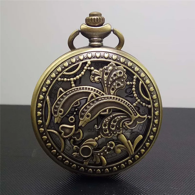 

Unisex Vintage Bronze Pocket Watch Quartz Steampunk watches Clock Lover Double Dolphin Pendant Necklace Sweater Chain Men Women
