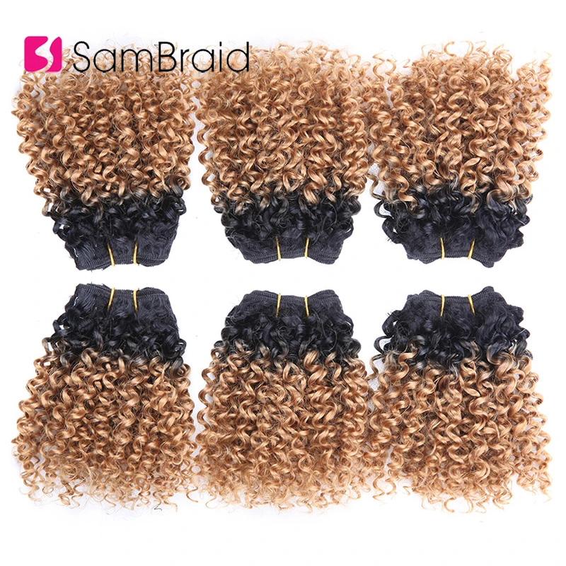 

SAMBRAID 3 Bundles 8 Inch Short Afro Kinky Curly Hair Extensions Blended Hair Weaves Ombre Synthetic Hair Wefts
