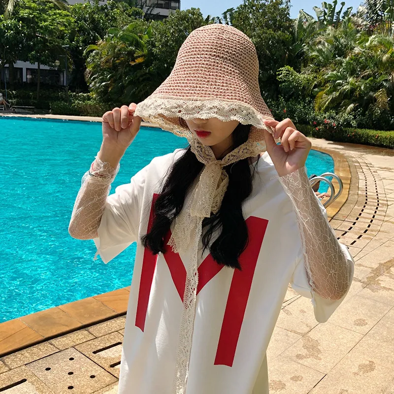 2018 Donne di Estate Pieghevole Crochet Cappello di Paglia Scava Fuori Fasce Cappelli Irregolare Largo Della Spiaggia del Bordo Del Merletto Coda di Cavallo Caps