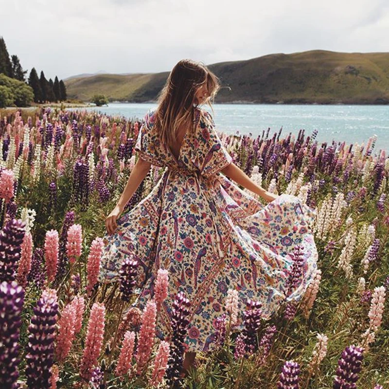 

KHALEE YOSE Boho Floral Maxi Dress Summer Long Dress Drawstring Waist Tassels V-Neck Backless Hippie Sexy Beach Dresses Womens