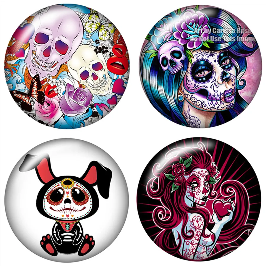 

DB0467 Lady Skull 18mm snap buttons 10pcs mixed round photo glass cabochon style for snap button jewelry