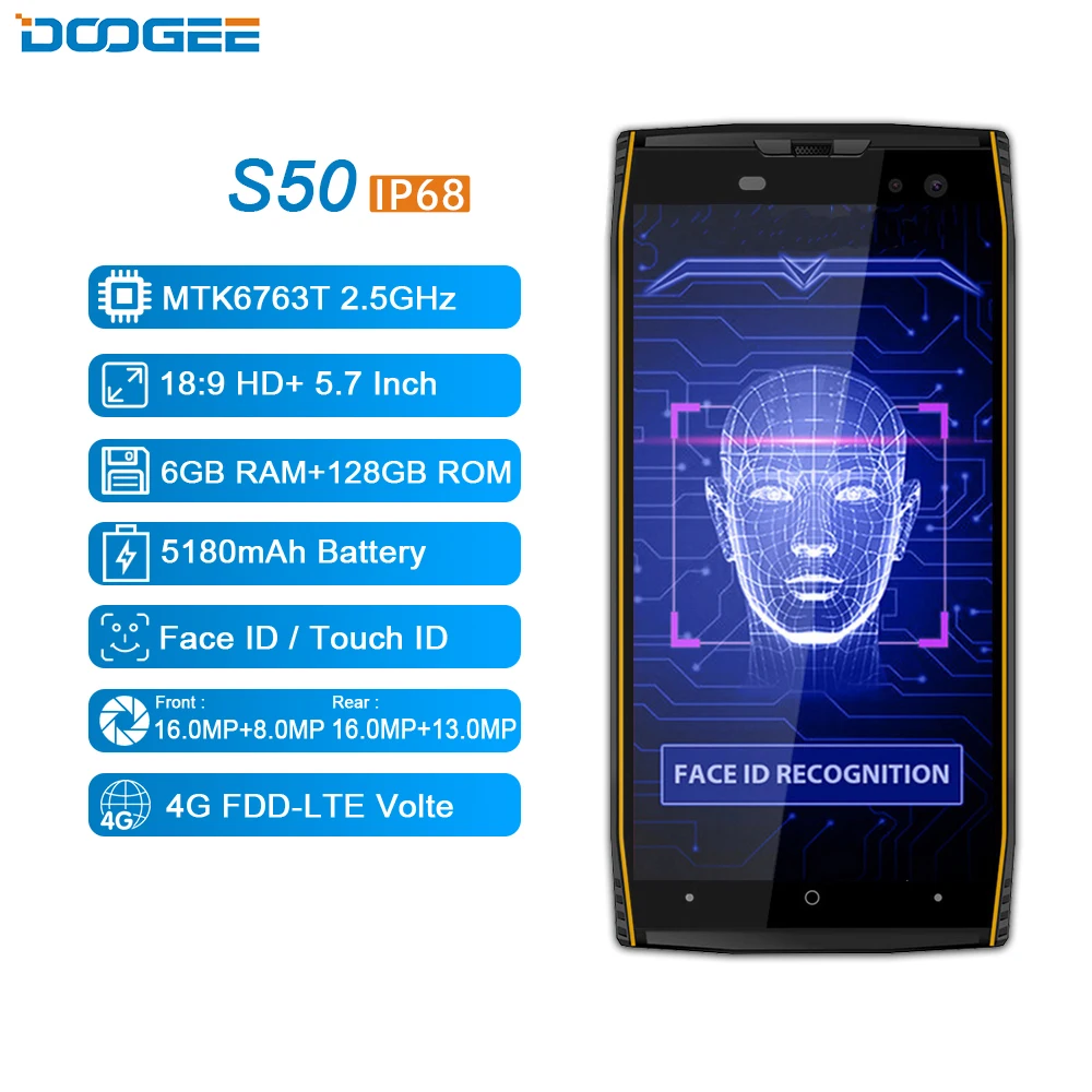 DOOGEE S50 IP68 Водонепроницаемый 6 ГБ 128 мобильного телефона andriod 7 1 5180 мАч 5 'ཎ: 9 HD +