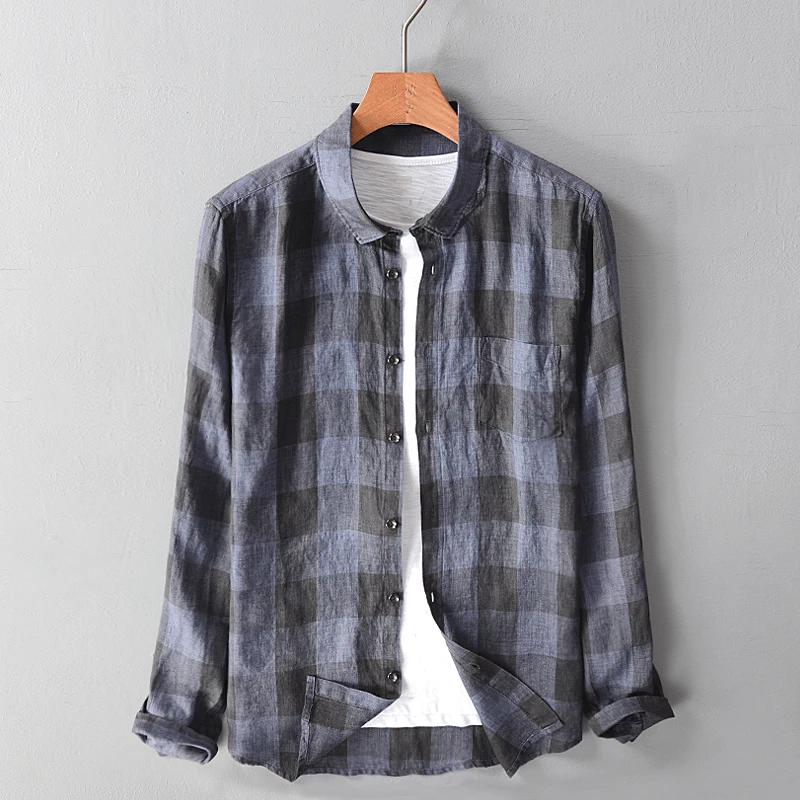

Italy designer brand plaid shirt men linen casual fashion long sleeve shirts male flax autumn comfortable shirt mens overhemd