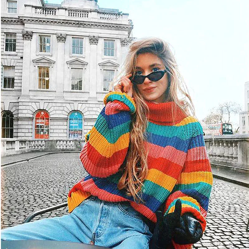 

Truien Winter 2018 Women Clothes Turtleneck Sweaters Striped Pullovers Female Casual Tops Rainbow Sweater Oversized Pullover ZA