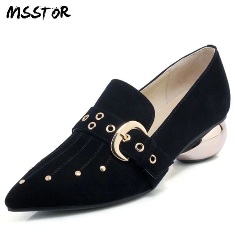 

MSStor Strange Style Black Woman Shoes 2018 Spring Fashion Concise Kid Suede Pointed Toe Pumps Shoes Women Rivet High Heels 4CM
