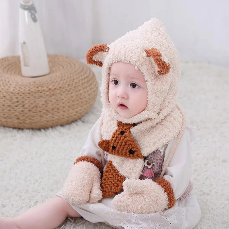 6 months to 3 Years old cartoon fox beanies hats sets wool kids soft winter 3 pcs baby boys girl scarf hat glove set - Цвет: Бежевый