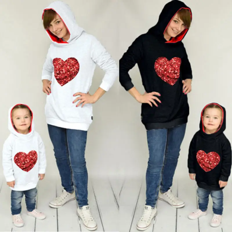 

Family Matching Hooded Clothes Mom Girls Hearts Hoodie Sweatshirt Hoody Dress Clothes