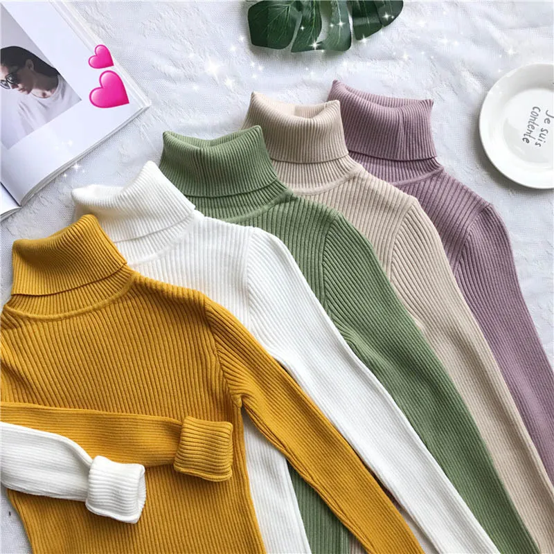 OLN Women's Sweater Vertical Striped Sweater High Collar Pure Color Bottoming Shirt Multi-color Soft Comfortable Pullover 3072