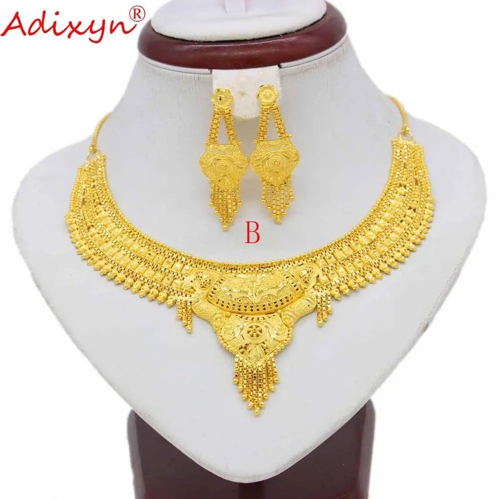 Adixyn индийское золотое ожерелье/серьги женские/комплект ювелирных украшений для девочек золотой цвет/медь Африканский/Эфиопский обручальные подарки N10075 - Окраска металла: B