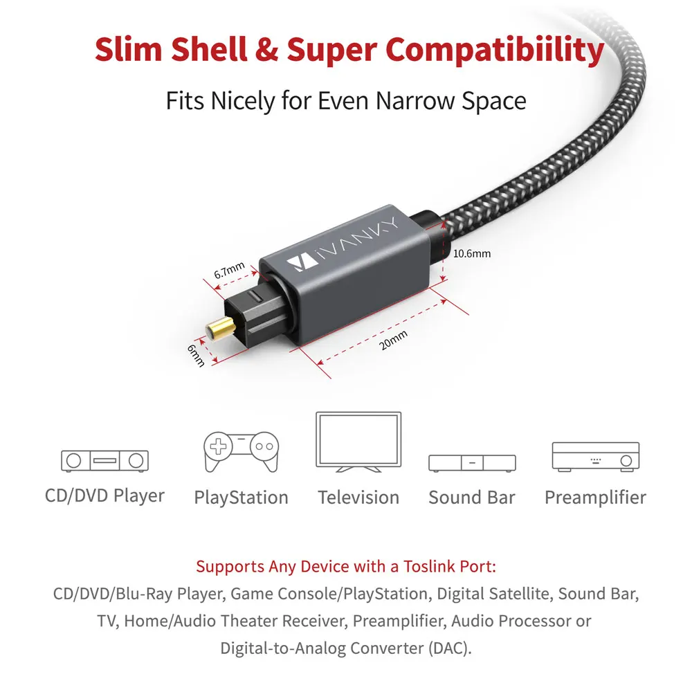 [Lifetime Warranty] iVANKY Top Optical Fibre Core Optical Cable, Digital AUX Cable Optical Audio Cable for Soundbar,TV,PS4