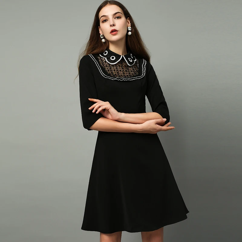 Autumn Pretty Black Dress Women High Quality Elegant Half Sleeve Turn-down Collar Hollow Out Slim Dress