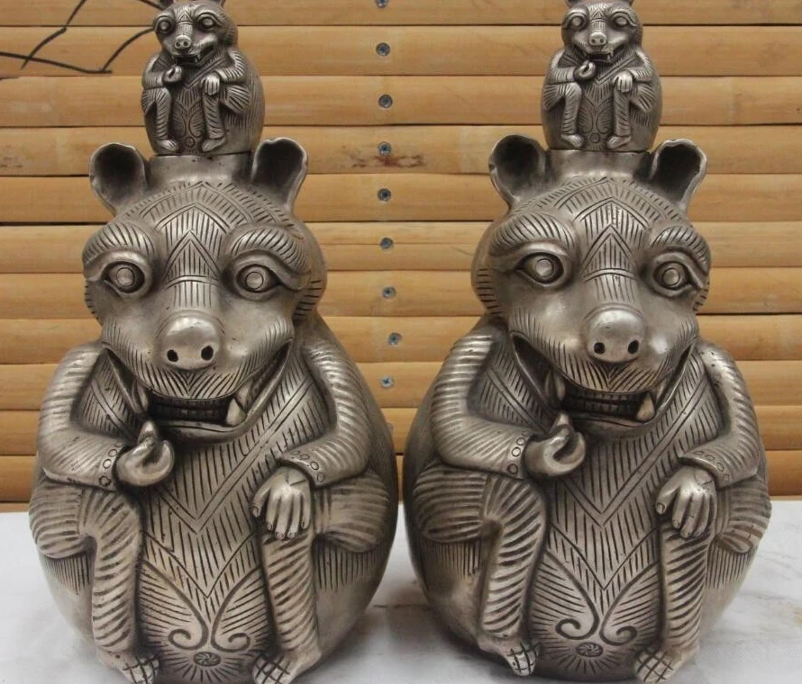 

China Fengshui White Copper Silver Evil Tiger Beast Bottle Pot Vase Statue Pair