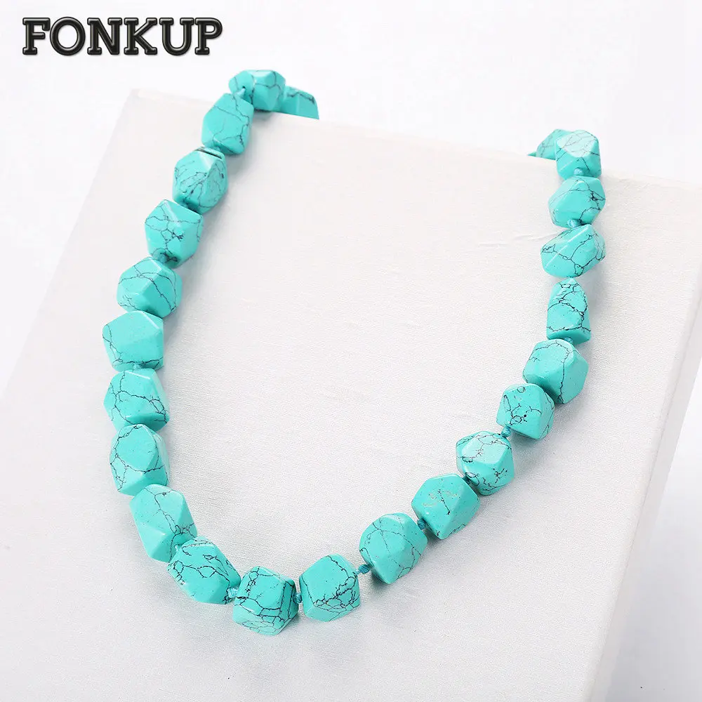 

Fonkup Men Big Necklace Blue Turquoise Jewelry Natural Stone Chains Punk Women Ornaments Engagement Joyas Geometric Honeycomb