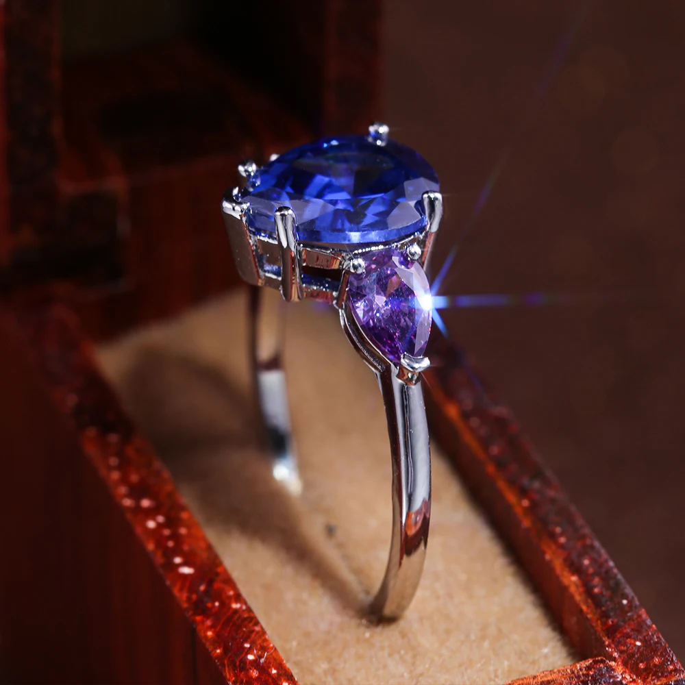 Huitan Water Drop Wedding Rings With Blue&Purple Triple Shinny Tear Drop Cubic Zircon Stone Luxury Women Party Finger Jewelry