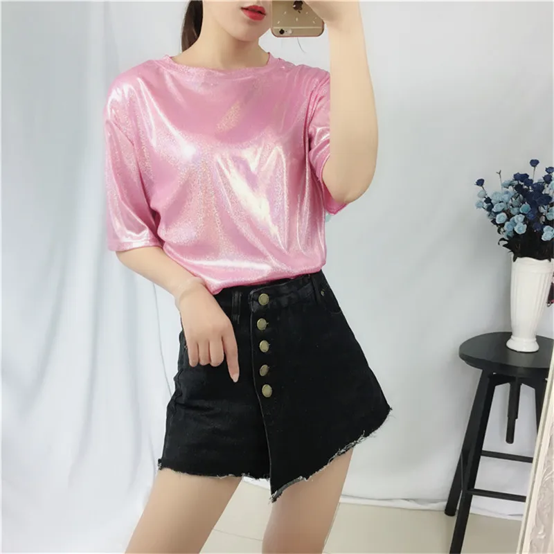 

2019 Summer Women's Shining T shirt Fashion Streetwear Ladies Loose Glossy Tops T-shirts For Womens Shirts