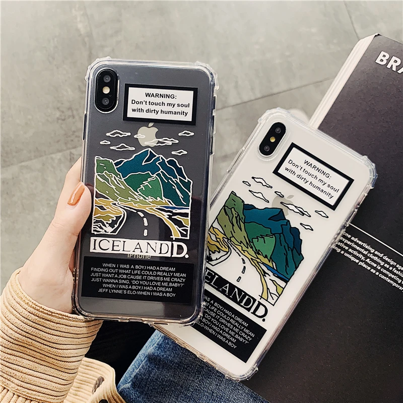 

English illustration landscape Apple phone case for iphone 6 6s 7 8 plus X XR XS MAX four corner anti-drop transparent shell