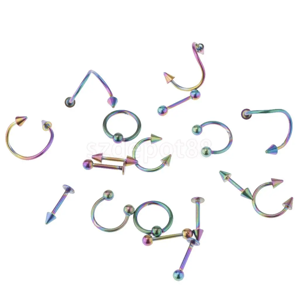 16 Pieces 16g Stainless Steel Assorted Eyebrow Ear Lip Navel Ring Body Piercing Kit