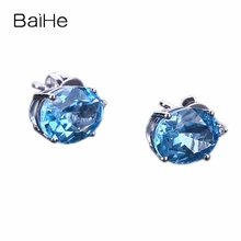 BAIHE Solid 14 k белое золото(AU585) Природный Голубой топаз серьги гвоздики бриллианты ювелирные изделия Женская помолвка Свадебная вечеринка серьги