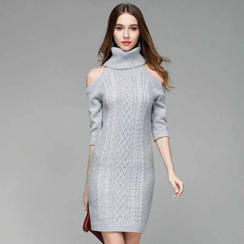 

2018 Autumn Sexy Strapless Knitted Long Dress Sweater Bottoming Shirt Casual Gray Turtleneck Half-sleeved Warm Women's Sweaters