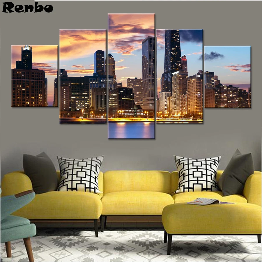 

5 PCS 5D DIY Diamond Painting City Light Bright Living Room Home Decor Mosaic Multi-Pictures Combination Embroidery Cross Stitch