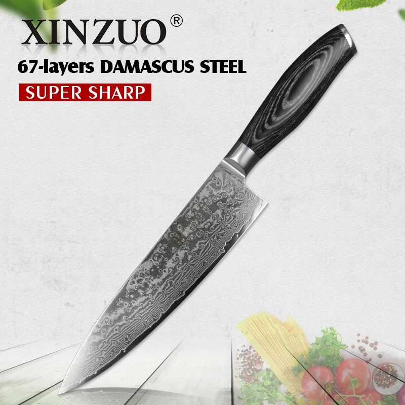 XINZUO 8 дюймов нож шеф-повара Gyuto нож японский VG10 Дамасские кухонные ножи из нержавеющей стали нож мясника Pakka с деревянной ручкой