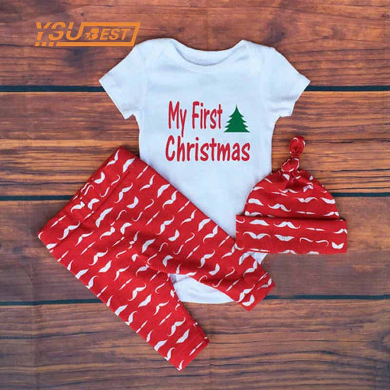 

Baby Cotton Pajamas New Summer Red Baby Girl Clothes Toddler Girls Boys Clothing Cartoon Set 3Pcs Romper+Mustache Pants+Hat Suit