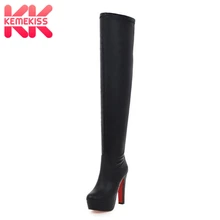 KemeKiss/женские Сапоги выше колена размера плюс 33-48, модная обувь на платформе и высоком каблуке на молнии, женские пикантные зимние теплые сапоги