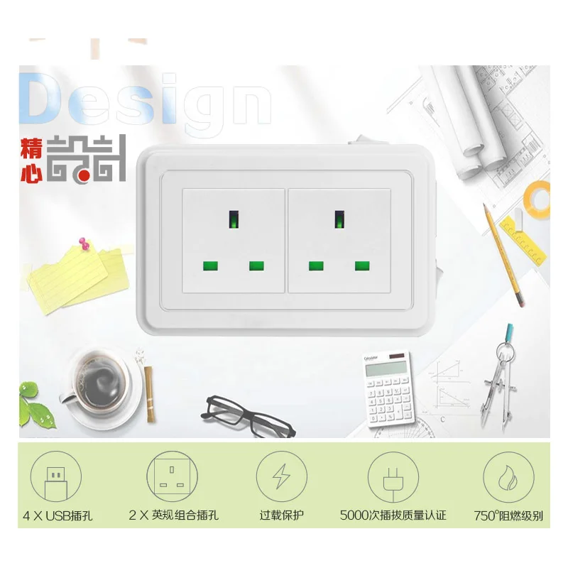 Заземление 2 розетки 4 USB адаптер настенное зарядное устройство док-станция 5 в 2,4 А Защита от перенапряжения удлинитель для телефона камеры дома