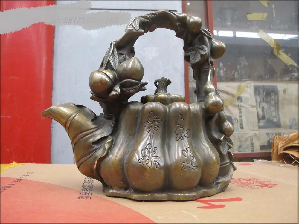

11"chinese Bronze handwork Carved bottle gourd peach chayote pot water kettle