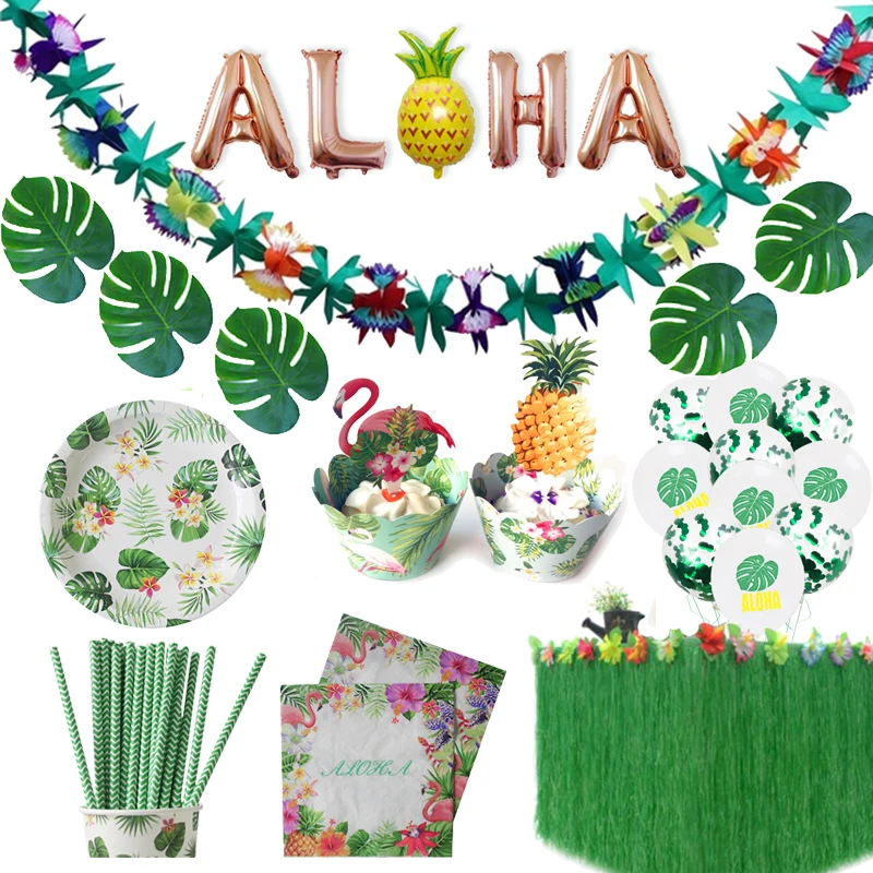 Hawaiian Party Decorations Artificial Flowers Palm Leaves Bunting Banner Luau Flamingo Summer Tropical Party Wedding Decoration
