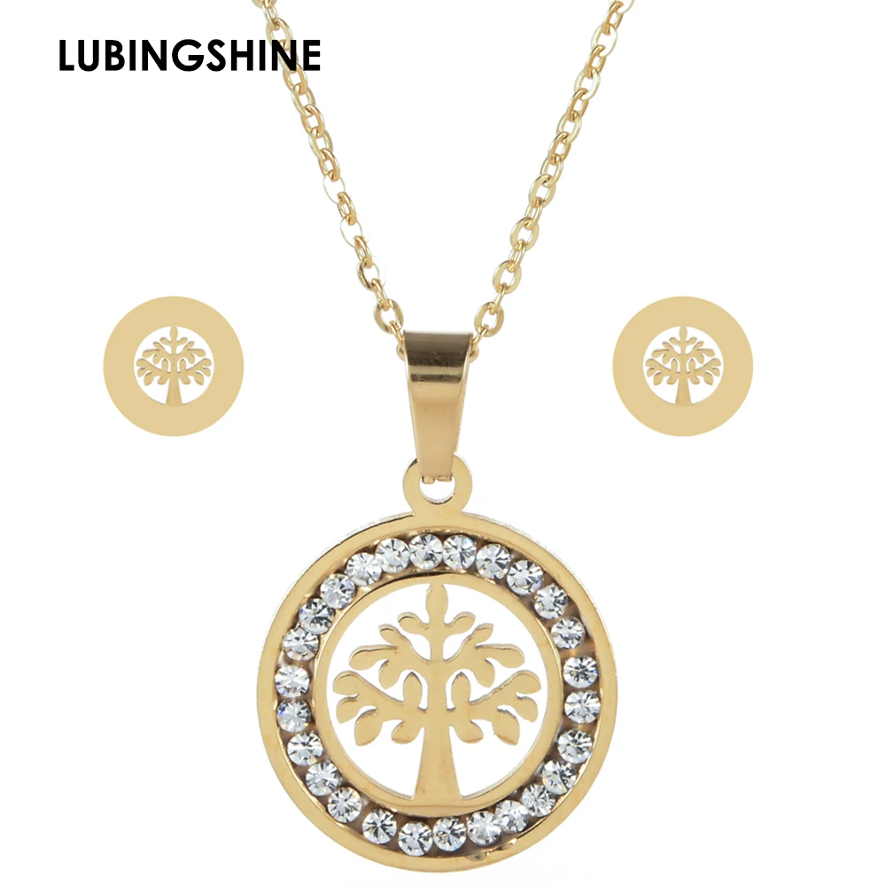 

Elegant Tree of Life Pendant Necklace Earrings Bridal Jewelry Sets Gold Color Crystal Love Heart Stud Earring for Women Gift Set